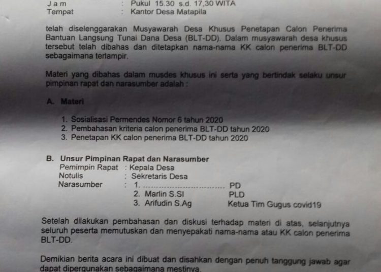 Berita acara musyawarah desa khusus penyaluran BLT DD di Desa Matapila.