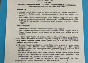 Gubernur Sultra Keluarkan Surat Edaran, Belajar Tatap Muka Ditunda