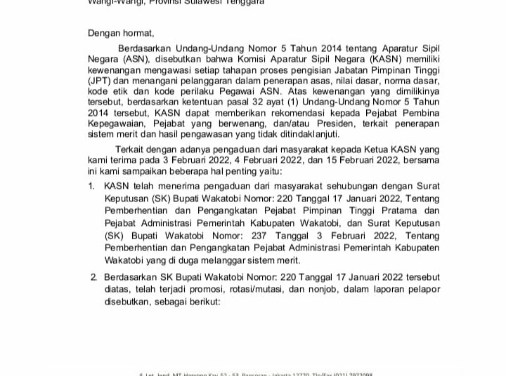 Surat rekomendasi KASN atas dugaan pelanggaran sistem merid dilingkungan Pemda Wakatobi