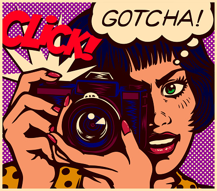 Pop art comic book style paparazzi photographer or female reporter journalist girl taking picture with vintage analog photo camera and speech bubble vector illustration