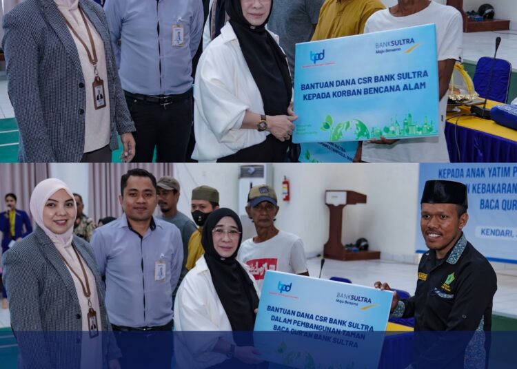 Direktur Pemasaran Bank Sultra  Hayati Hasan secara simbolis menyerahkan bantuan CSR kepada masyarakat Sultra.-foto:istimewa-
