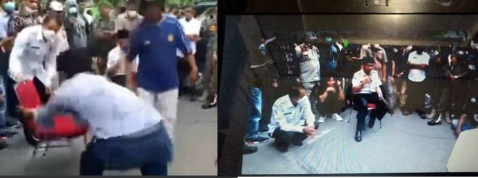 Kadis Perindag Wakatobi Safiuddin jongkok di samping Bupati Haliana saat menerima pengunjukrasa. -foto : tangkapan layar-