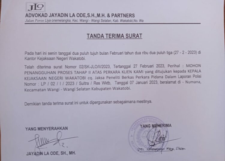 Surat resmi yang disampaikan Jayadin La Ode, SH., MH ke Kejaksaan Negeri Wangi-wangi. -foto:syaiful-