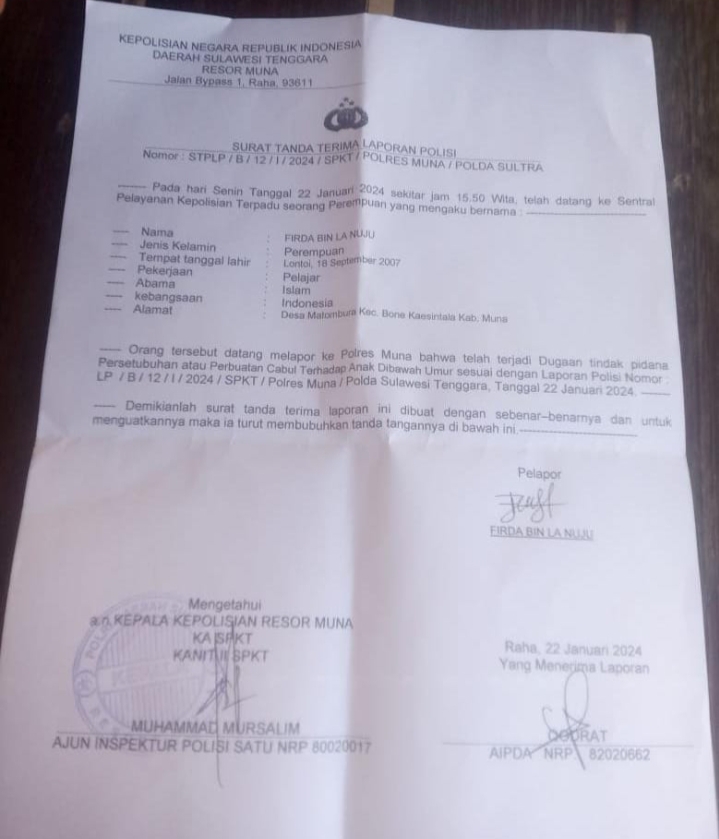 Setelah Kades Matombura, Korban Pencabulan Kembali Laporkan Oknum Caleg di Polres Muna